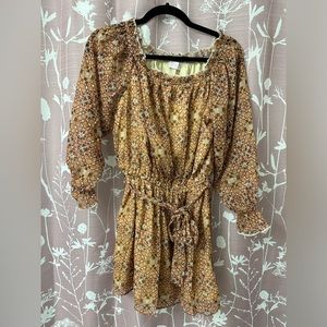 BEIGE FLORAL OFF THE SHOULDER MINI DRESS